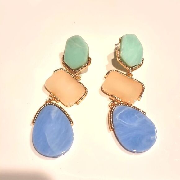 New ZARA earrings with Dangling Stones Geometric Modern Green Pink Blue - Picture 2 of 9